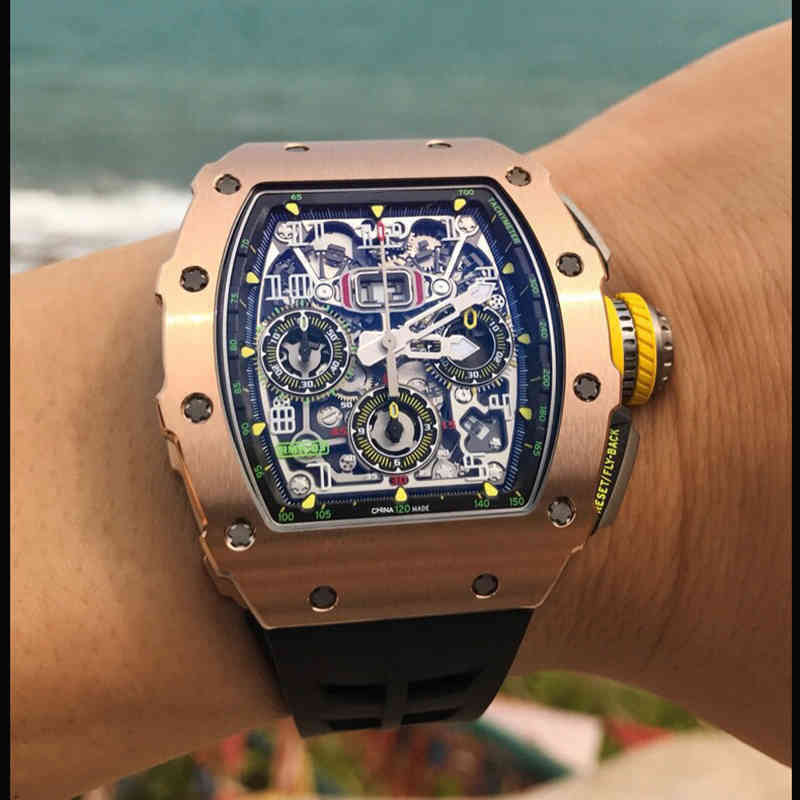 

uxury watch Date Luxury Mens Mechanics Watch Richa Brand Skeleton Automatic Mechanical Es Black Rubber Yellow Dial Rose Gold Wristwatch