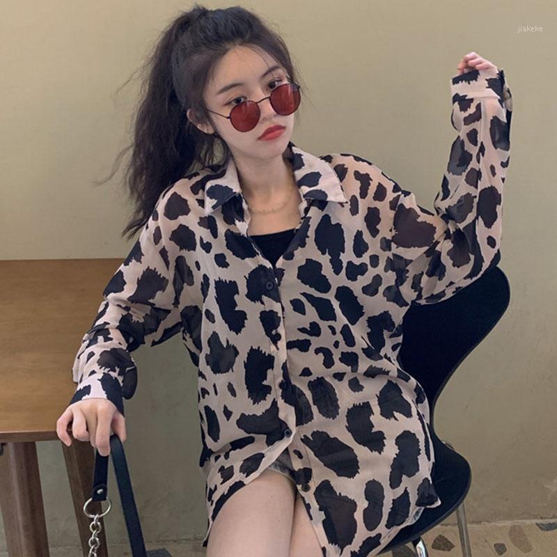

Women's Blouses & Shirts Women' S Loose Retro Shirt Spring Autumn Leopard Print Sunscreen Long-sleeved Turn Down Collar Blouses., As pic