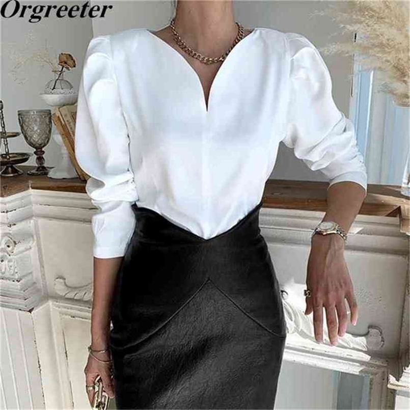 

Sweet Puff Sleeve 3D Design V-neck Long White Shirt&Blouse Spring Lady Shirt Tops Female Office Work wear 210602, Black