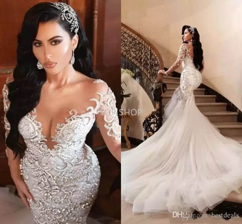 2022 Luxury Arabic Mermaid Wedding Dresses Dubai Sparkly Crystals Long Sleeves Bridal Gowns Court Train Tulle Skirt robes de mariée DHL-image-760357324
