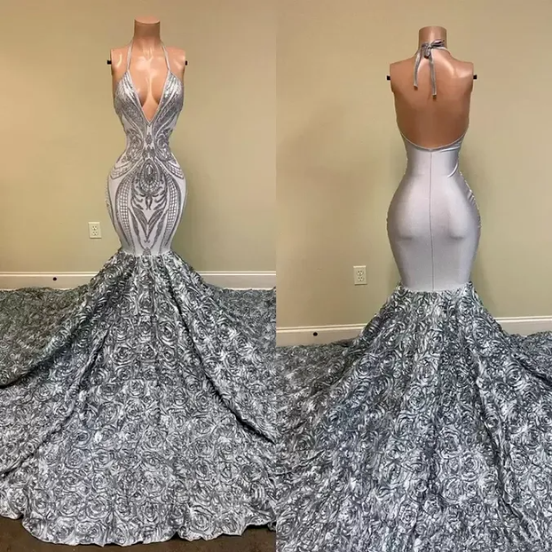 

Real image Mermaid Silver Evening Formal Dresses 2022 Halter Sparkly Lace Sequins 3D Rose Floral Long Train Backless Prom Gowns B0401, White