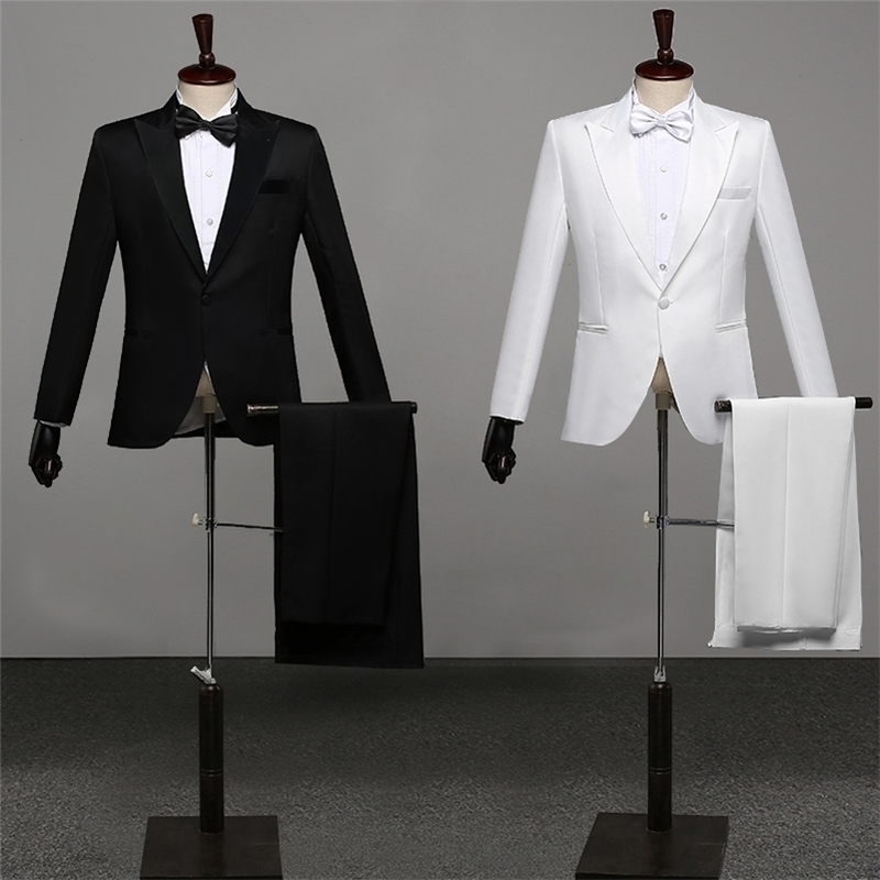 

Men Prom Suits MenS Shawl Lapel White Black TwoPiece Jacket Pants Suit Slim Evening Party Stage Show Performance Wedding Suit 201106
