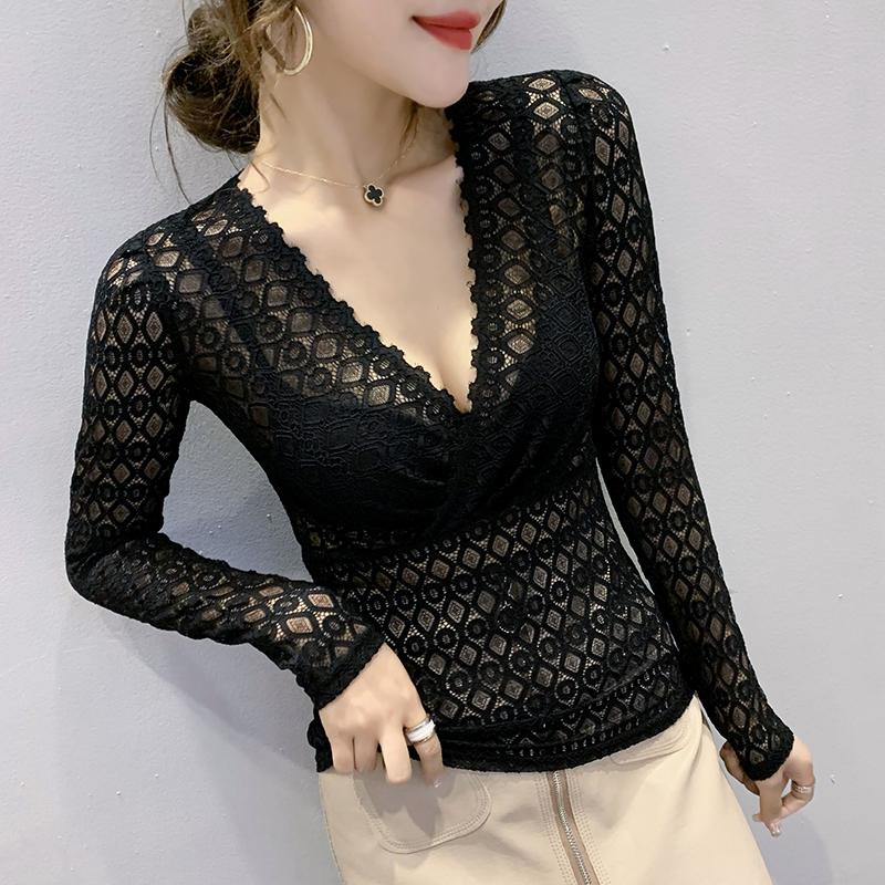 

Women' T-Shirt Style Sexy V-neck Lace Top Fashion Western Hollow Long Sleeve, Black