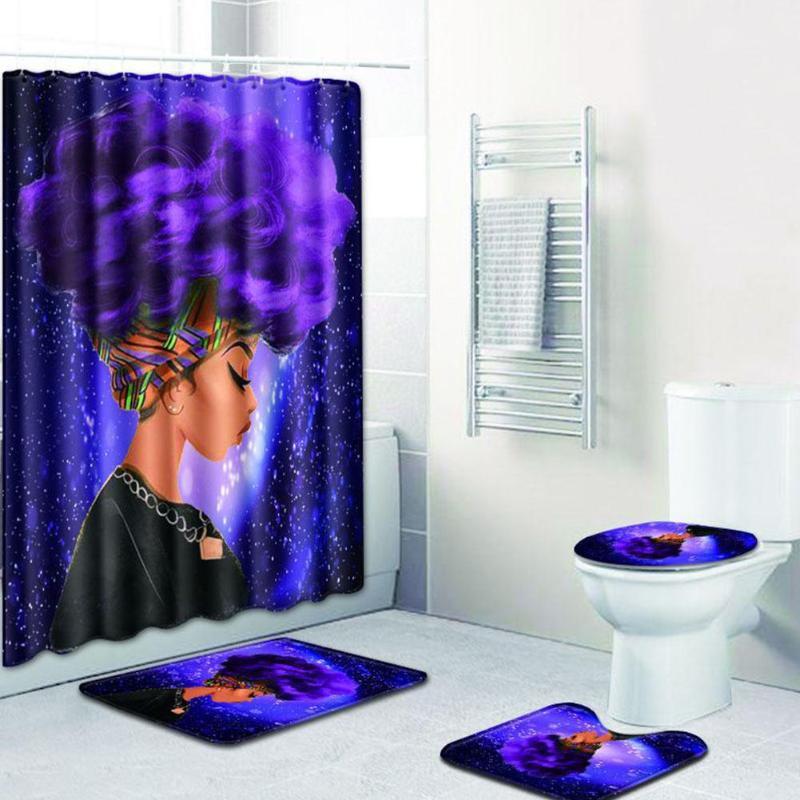 

Fashion African Woman Pattern Polyester Shower Curtain Set Non Slip Rugs Carpet For Bathroom Toilet Flannel Bath Mat