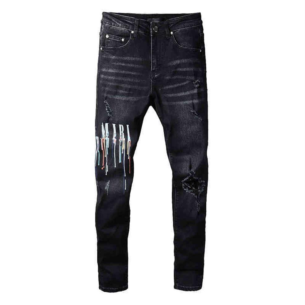 

Designer Men Jeans Amirs Pants Trend Amirs spray painted colorful letter hole patch elastic tight legged jeans #830 82NP2074, Black
