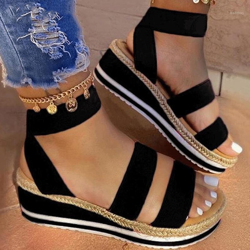 

Summer Sandals Women Wedges Platform Ladies Shoes Candy Color Casual Girls Slip On Strap Cross Plus Size 2022, Black