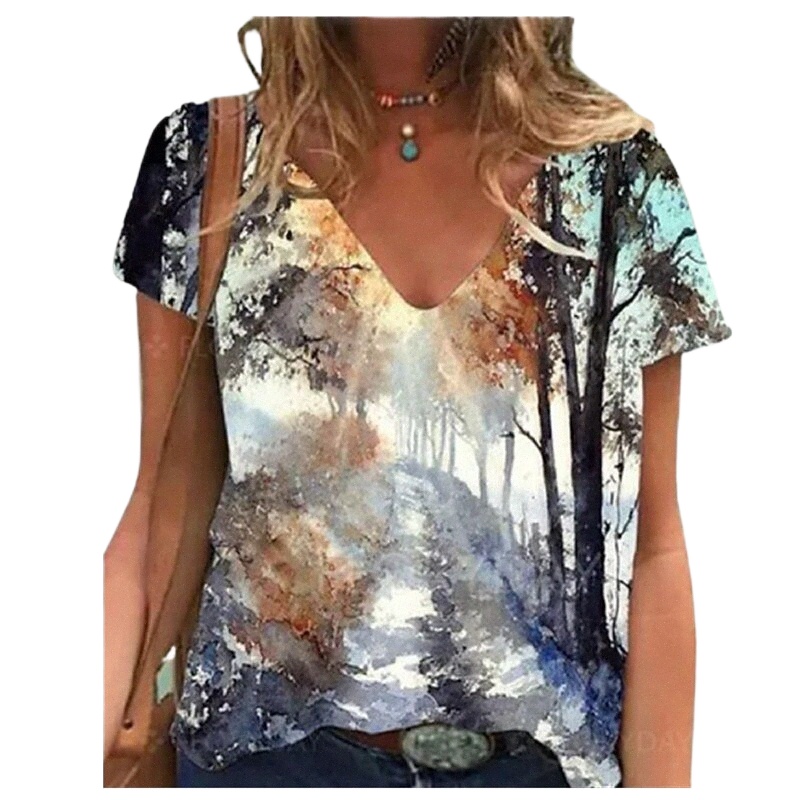 women's Abstract 3D Printed Painting T shirt Floral 3D Print V Neck Basic Tops Blue Pink Rainbow a8xZ#-image-761481300