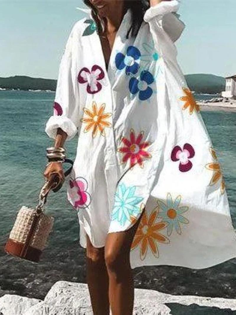 

Party Dresses Jastie Bohemian Print Floral Short Beach Dress Oversize Women Clothes Button Up Shirt Robe Holiday Fashion Vestidos FemmeParty, White