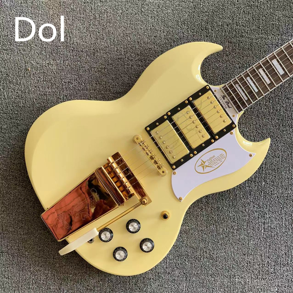 Rare Double Cutaway Gloss Yellow SG Electric Guitar 3 Humbuckers Pickups Bigs Tremolo Bridge Gold Hardware Star Logo White Pickguard Grover Tuner