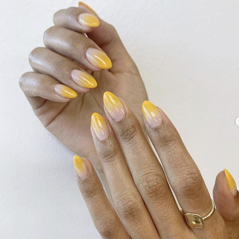 

False Nails 24Pcs Yellow Gradient Designs Short Stiletto Fake Full Cover Nail Art Tips Press On With Glue Manicure Prud22, 04