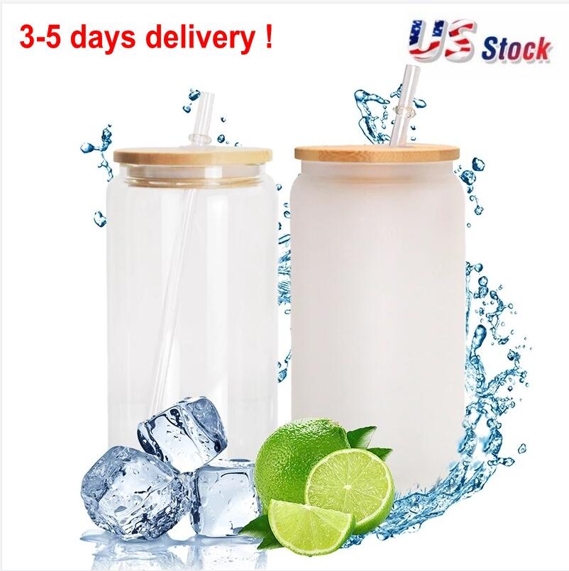 

3 days delivery 12oz 16oz Sublimation Glass Can Tumbler Clear Frosted Jar with Bamboo Lid Wide Mouth Beer Cup Festival Party Wine Tumblers C0629, Froest with lids and straws
