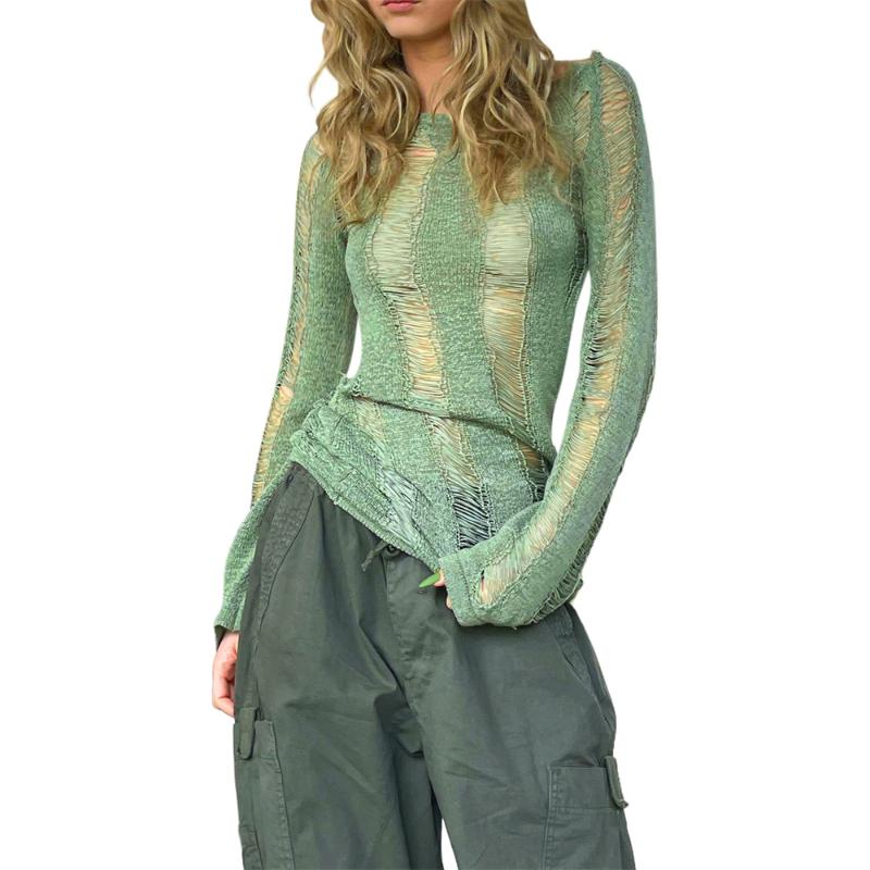 

Women' Blouses & Shirts Douhoow Women Fashion Summer Knitwear Hollow Out Backless Solid Color Long Sleeve Round Neck Cutout Regular Fit Top, Green