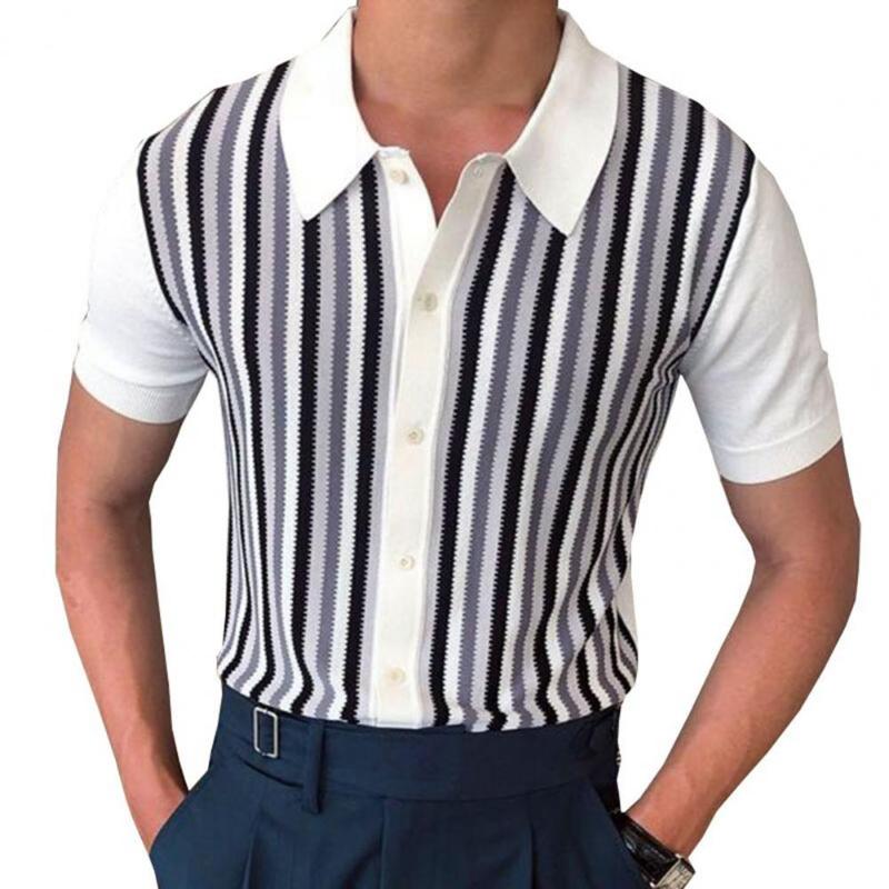 

Men's Casual Shirts Men Shirt Fashion Contrast Color Stripe Formal Turn-down Collar Short Sleeves Men's Knitwear Summer TopsMen's Men'sM, White