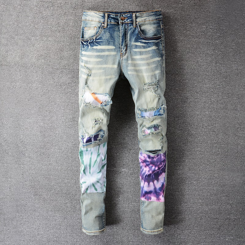 High street jeans fashion motorcycle style fluctuating male personality light blue ripped jeans men's embroidery flower patch cloth slim ela