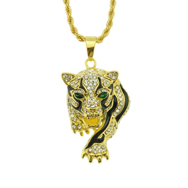 

Pendant Necklaces Hip Hop Rhinestones Paved Bling Iced Out Gold Tiger Animal Pendants Necklace For Men Rapper Jewelry Drop