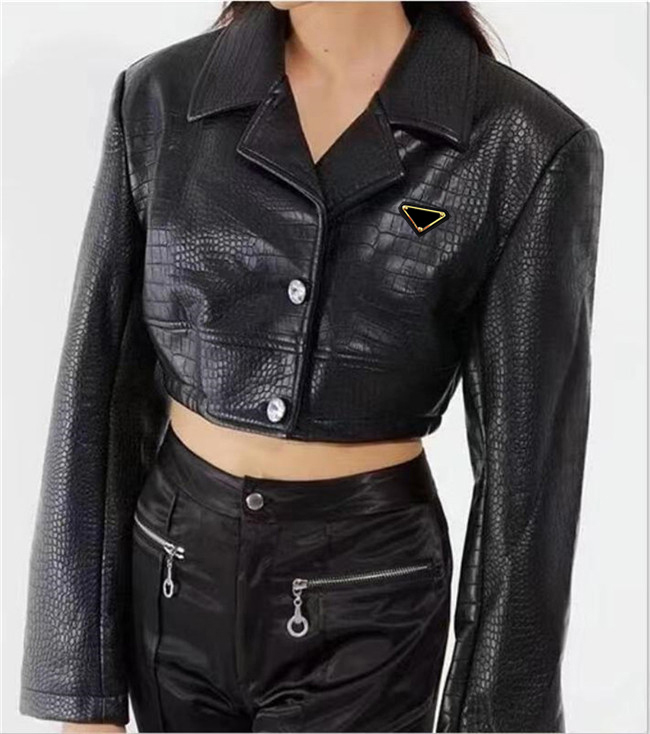 

Woman Jackets Leather Outwears Faux Coats With Crocodile Trace Womens Short Style Slim Jacket Streetwears Locomotive Fashion, Black