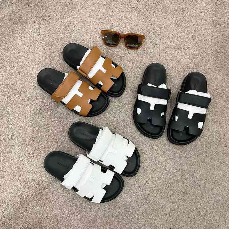 

Chypresss Designer Slipper Hermeer Women Summer h Slippers Women's Roman Style Thick Soled Leather Flip Flops Velcro Open Toe Sandals, Black