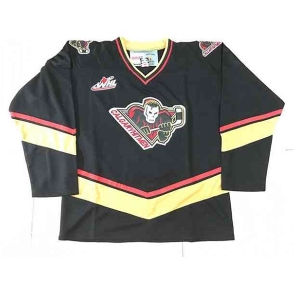 

C26 Nik1 CALGARY HITMEN WHL BLACK PREMIER HOCKEY JERSEY Embroidery Stitched Customize any number and name Jerseys, White