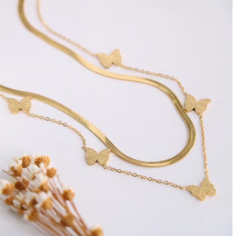 

Chains French Elegant 18k Gold Frosted Butterfly Double-layer Titanium Steel Necklace Female Fashion Temperament Wild Collarbone ChainChains