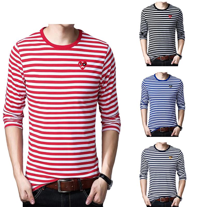 

Men's T-Shirts Men Striped T-shirt Mustache Embroidery Heart Shaped Cotton O-neck Two-color Long Sleeved Slim Spring Autumn Casual, Red white 4