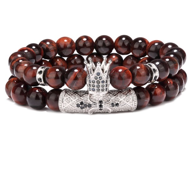 

2pcs/set red tiger eye 8mm crown tube gold silver copper cz zircon cubic zirconia beads bohemian Bracelet elastic Stone Bangles dje5