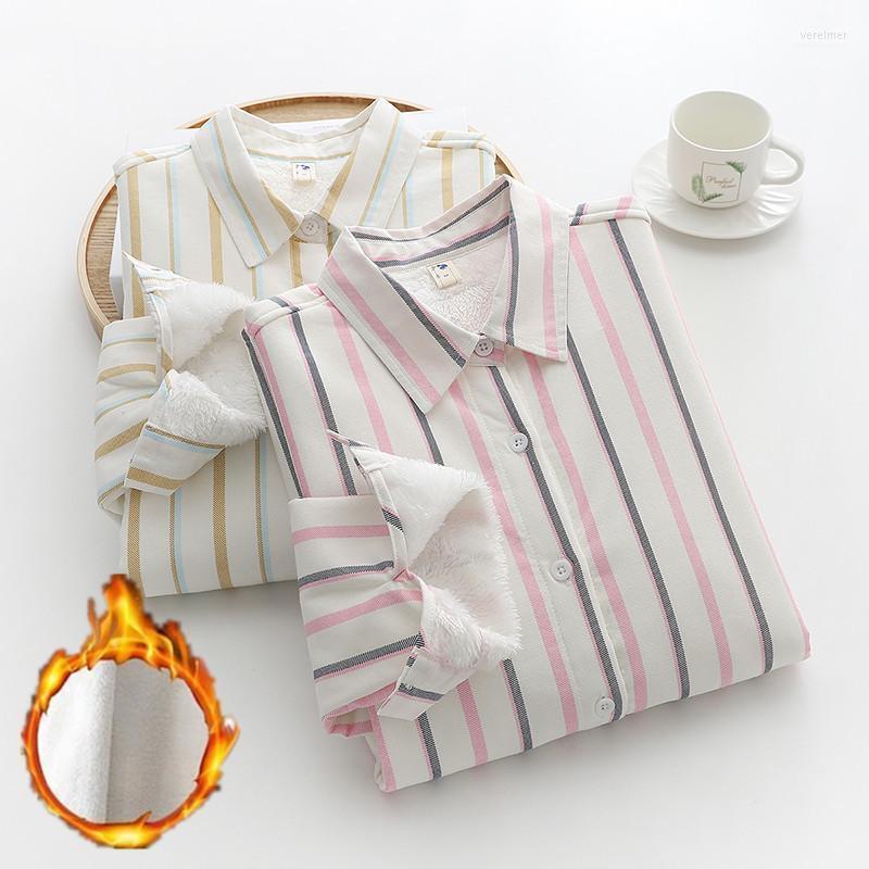 

Women' Blouses & Shirts 2022 Autumn And Winter Velvet Shirt Women British Style Lapel Striped Long-sleeved Warm Cotton Padded Vere22, Pink
