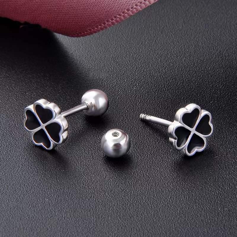 

Stud Sterling Silver 100% Earring Four-Leaf Clover Screw Korean Earrings Women Wedding Fine Charm Fashion JewelryStudStud