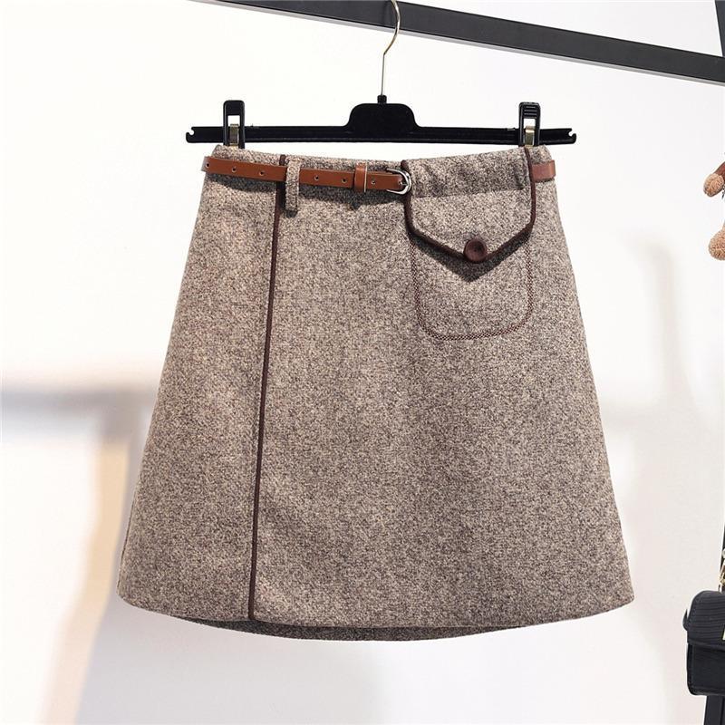 

Skirts Woolen Skirt Belt Striped A-Line Pockets England Style Above Knee Mini Lenght Empire Waist Autumn Winter 2022, Grey