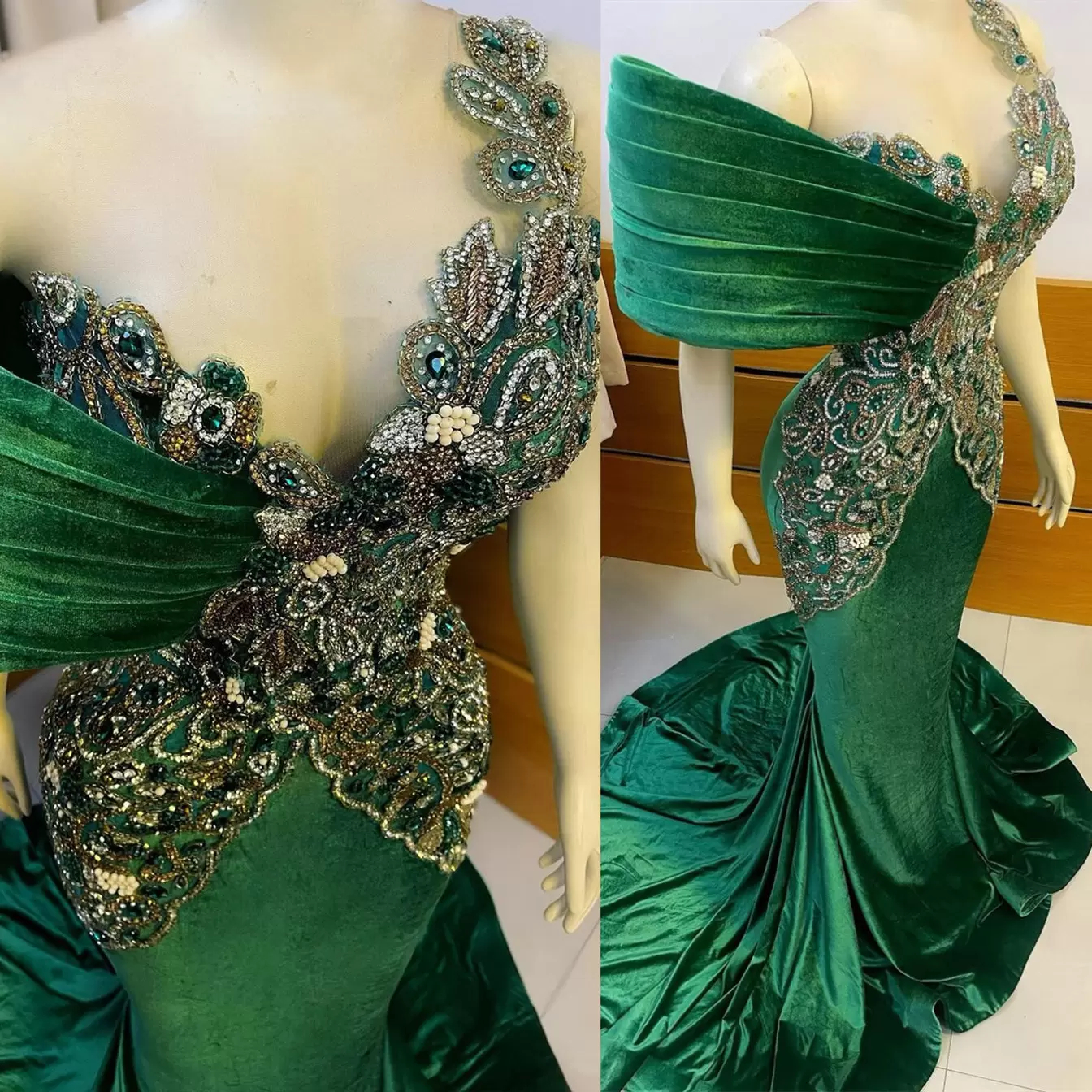 

Luxury Green Beaded Mermaid Evening Dresses One Shoulder Crystal Prom Dresses Robe De Soiree Sweep Train Formal Party Dress, Coral