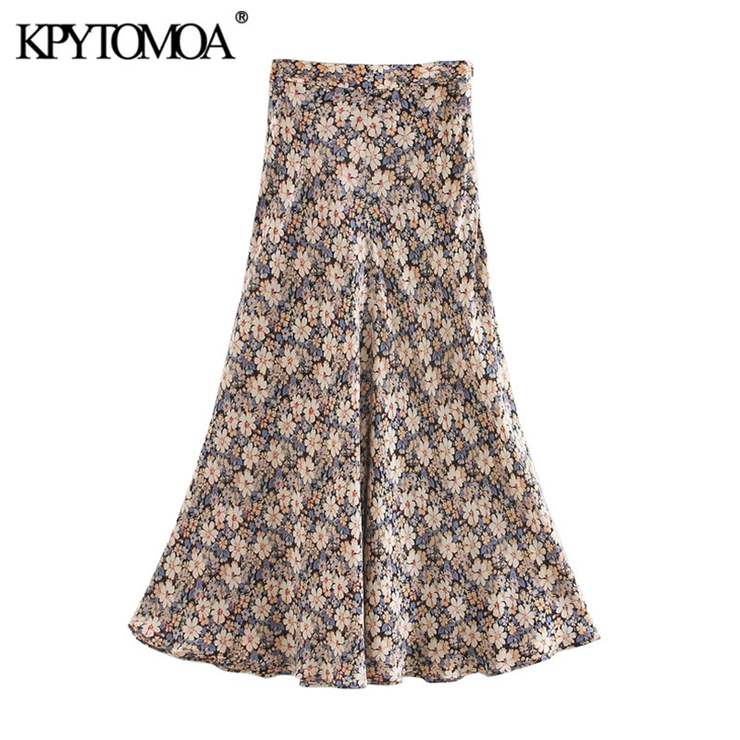 

KPYTOMOA Women Chic Fashion Floral Print Midi Skirt Vintage High Waist Side Zipper Female Skirts Faldas Mujer 201110, As picture