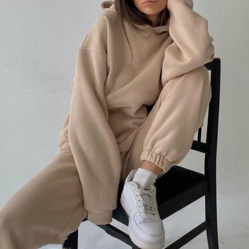 

Women' Two Piece Pants 2022 Winter Tracksuit Hooded Sweatshirt And Sport 2PCS Outfits Female Casual Woman Jogger Suit Set, White