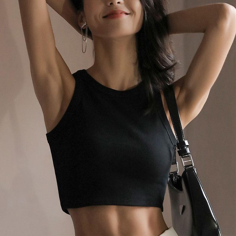 

Women's Tanks & Camis Summer Casual Short Tank Tops Women White Ribbed Fitness Vest Solid Color Knitted Sexy Skinny Sleeveless Crop Top Fema, Black