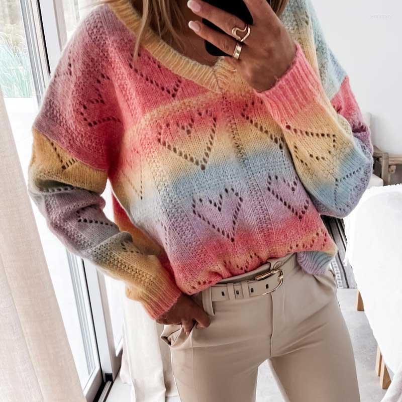 

Women' Sweaters INSPIRED Rainbow Open Heart Knitted Sweater Women V-neck Hollow Out Long Sleeve Pullovers Winter SweaterWomen' Jemi22, Fuchsia