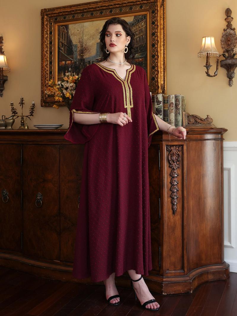 

Plus Size Dresses 2022 Elegant Oversized Women Long Large Casual Abaya Muslim Maxi Female Party Evening Festival ClothingPlus, Red