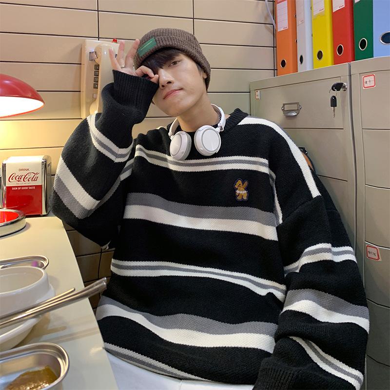 

Men's Sweaters Sweater Men's Knitwear Striped O-Neck Harajuku Casual Baggy Knitted Pullover Fashion Unisex Streetwear Couple JumperMen's, Black
