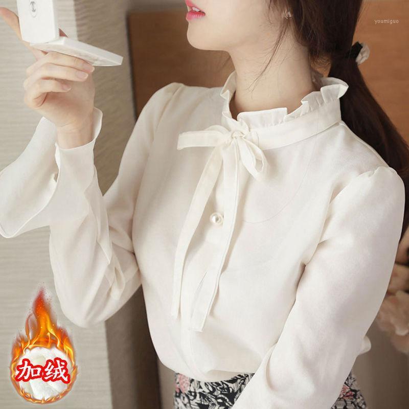 

Women' Blouses & Shirts Chiffon Long Sleeve Top Drawstring Spring Autumn Winter Ocean Blouse Women Blusas Ropa De Mujer, White