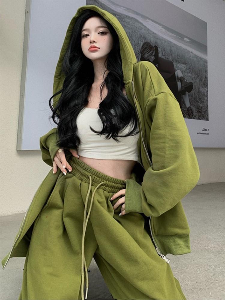 

Women' Two Piece Pants Women Casual Green Set Spring Autumn Loose Hooded Sweater Straight Trousers Suit Korean Oversized 2 SetWomen