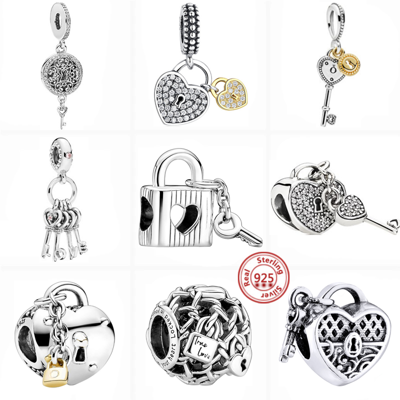 925 Perles de charme en argent pendent la chaîne ouverte liaison de chaîne de galette de coeur de coeur clés perle fit charmes bracelet bricolage