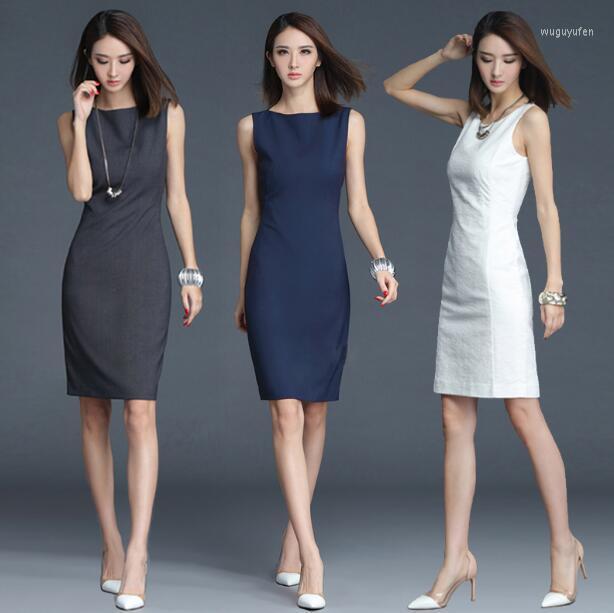 

Soperwillton 2022 Elegant Office Dress Summer Dresses Women O-neck Wear To Work Sheath Bodycon #BD728, Blue