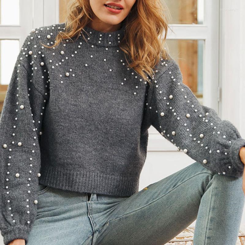 

Women' Sweaters 2022 Autumn Winter Fashion Knitting Sweater Solid Color Beading Round Neck Long Sleeve Casual Simplicity Women Tops, Gray