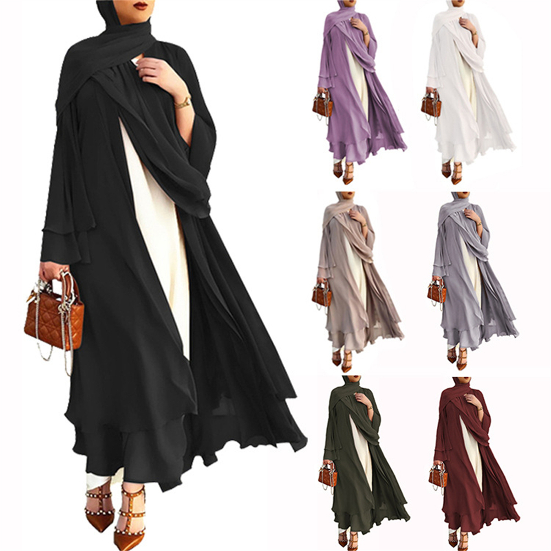 

Hot Sell Muslim Loose Women Dress With Scarf For Solid Color Cardigan Arabia Dubai African Chiffon Large Size Islamic Abaya Clothing 21419, Red