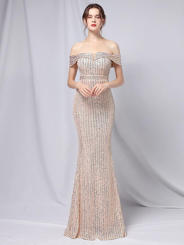 

Party Dresses Elegant Off Shoulder Maxi Dress 2022 Boat Neck Gold Sequin Evening Women Wedding Long Prom DressParty