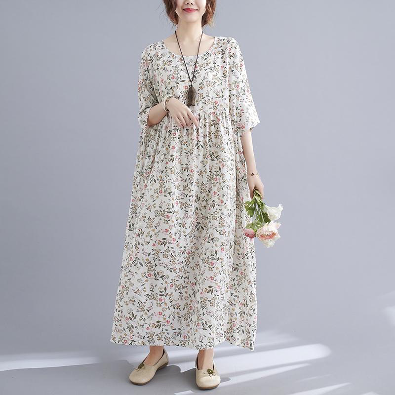 

Plus Size Dresses BIG Summer Women Fashion Elegant Flower Bird Print Tops Ladies Female Large Long Loose Ruffles Drapped Cotton Dress, Beige