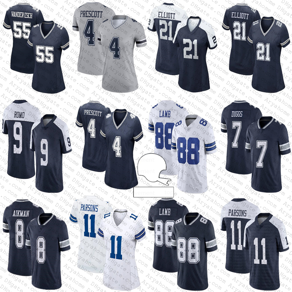 

88 CeeDee Lamb 11 Micah Parsons 7 Trevon Diggs Custom Football Jerseys Ezekiel Elliott 4 Dak Prescott Vander Esch Tony Romo Jason Witten Tyler Smith Demarcus Lawrence, Women