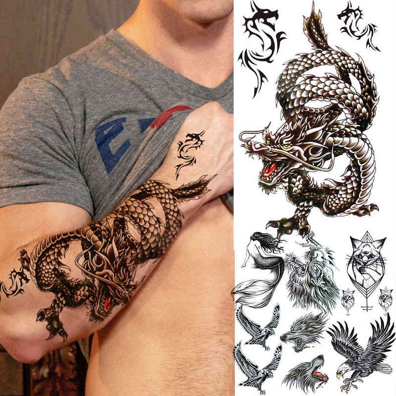 

NXY Temporary Tattoo Realistic Dragon Fake Stickers for Men Boys Kids 3d Fierce Wolf Eagle s Mermaid Cat Washable Tattos 0330