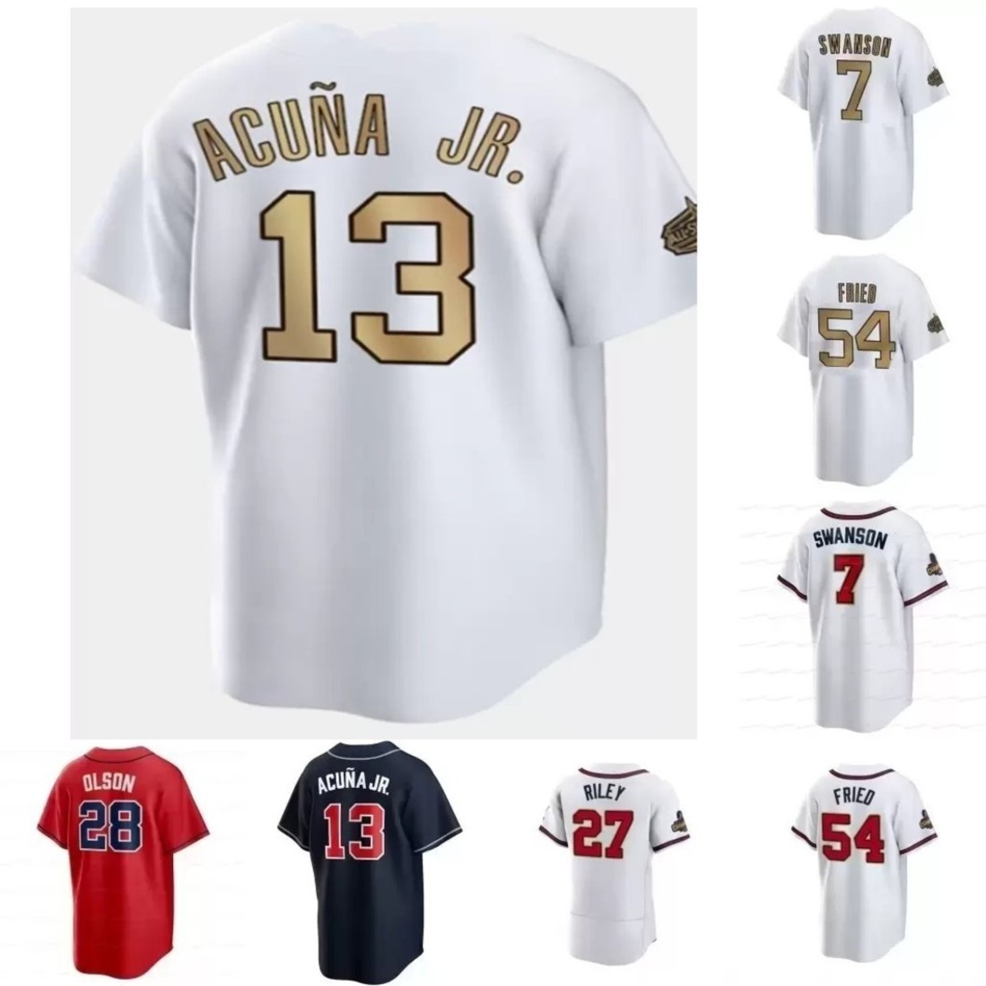 

Atlanta Dansby Swanson 2022 All Star Jersey Braves Gold Program Ronald Acuna Jr. Austin Riley Matt Olson Eddie Rosario Max Fried Adam Duvall Ozzie Albies Manny Pina, Women