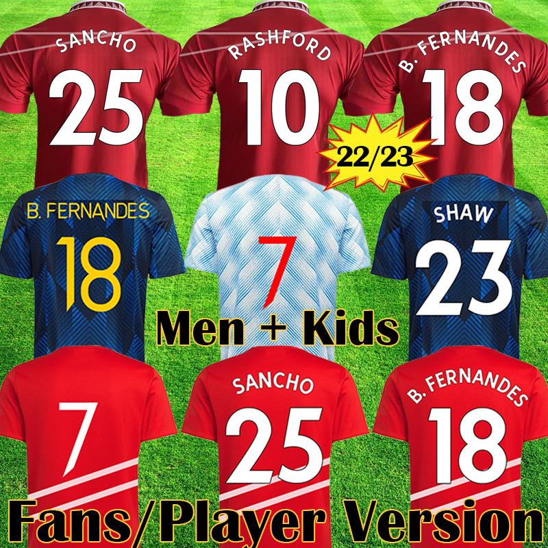 

2021 2022 2023 SANCHO Player Version Soccer Jerseys VARANE BRUNO FERNANDES RASHFORD POGBA Jersey Kids sets Man kit Football Shirt TELLES 21 22 23 MANs equipment, Pl third