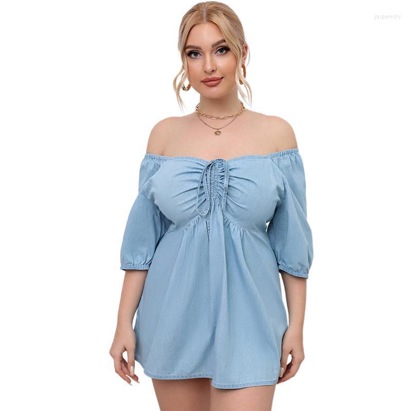 

Women's Plus Size T-Shirt Women Denim Tunic Top Sexy Off Shoulder Short Sleeve Club Party Puff Ruffle Summer Oversized Jasp22, Blue