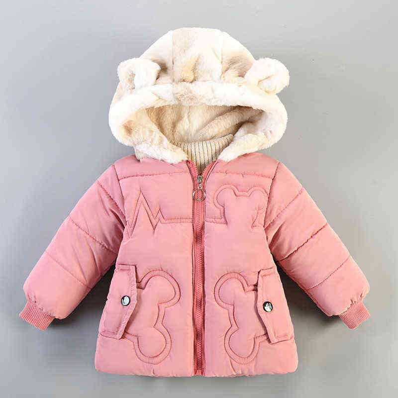 

Winter Jacket Girls Clothes Sweet Cartoon Bear Embroidered Joining Velvet Warm Hooded Jacket Extend High Quality Children's Clothing J220718, Photo color