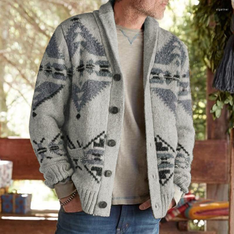 

Men's Sweaters Old Man Cardigan Sweater Collar Jacket Men's Casual Coat Print Long Sleeve Single For Men Plaid CoatMen's Olga22, Grey